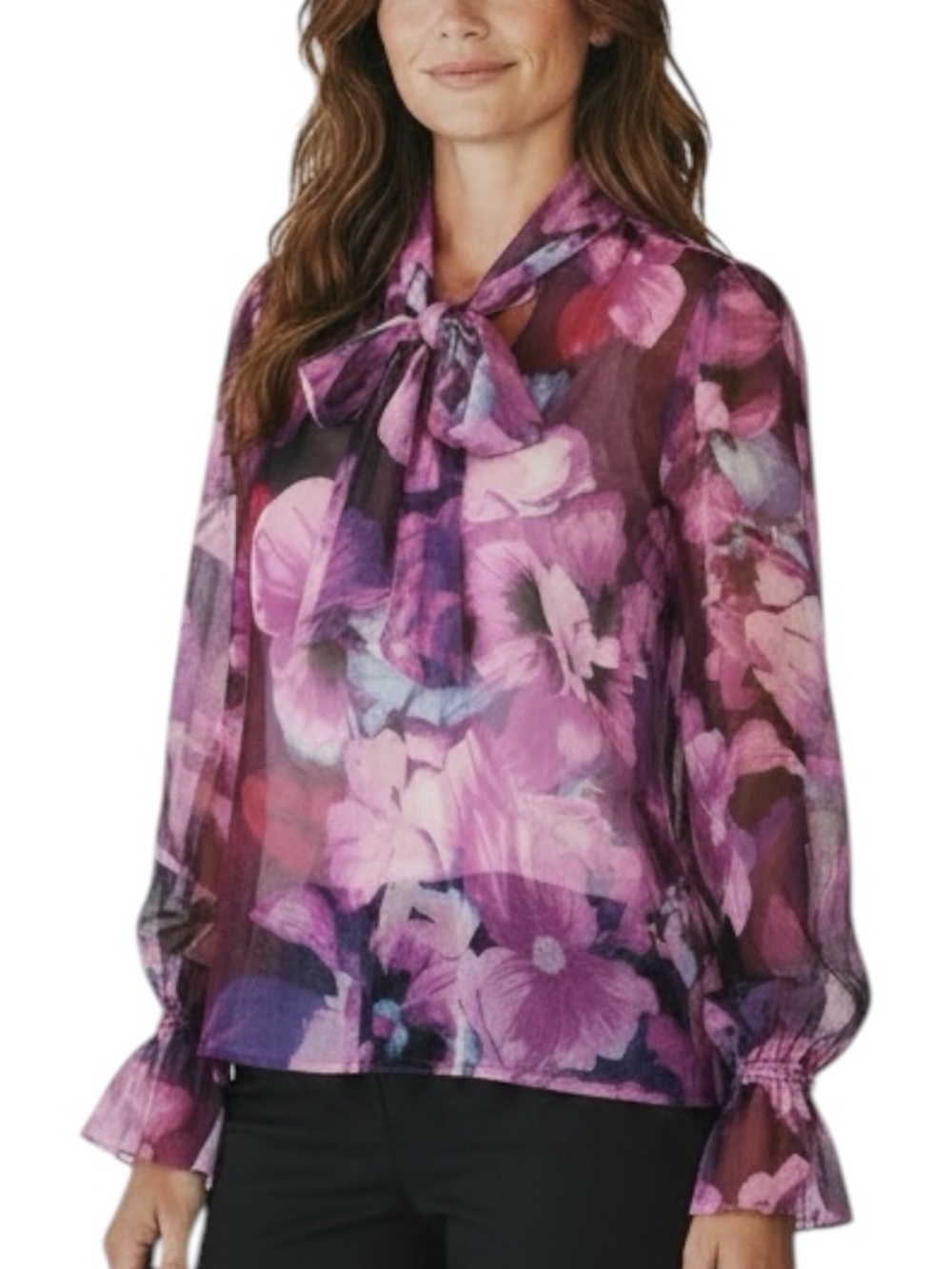 NWT WHITE HOUSE BLACK MARKET Floral Sheer Long Sleeve Tie Blouse Size Medium